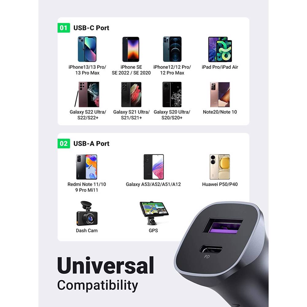 UGREEN A+C Chargeur voiture double port PD30W+SCP22.5W — 40858 — vue 4