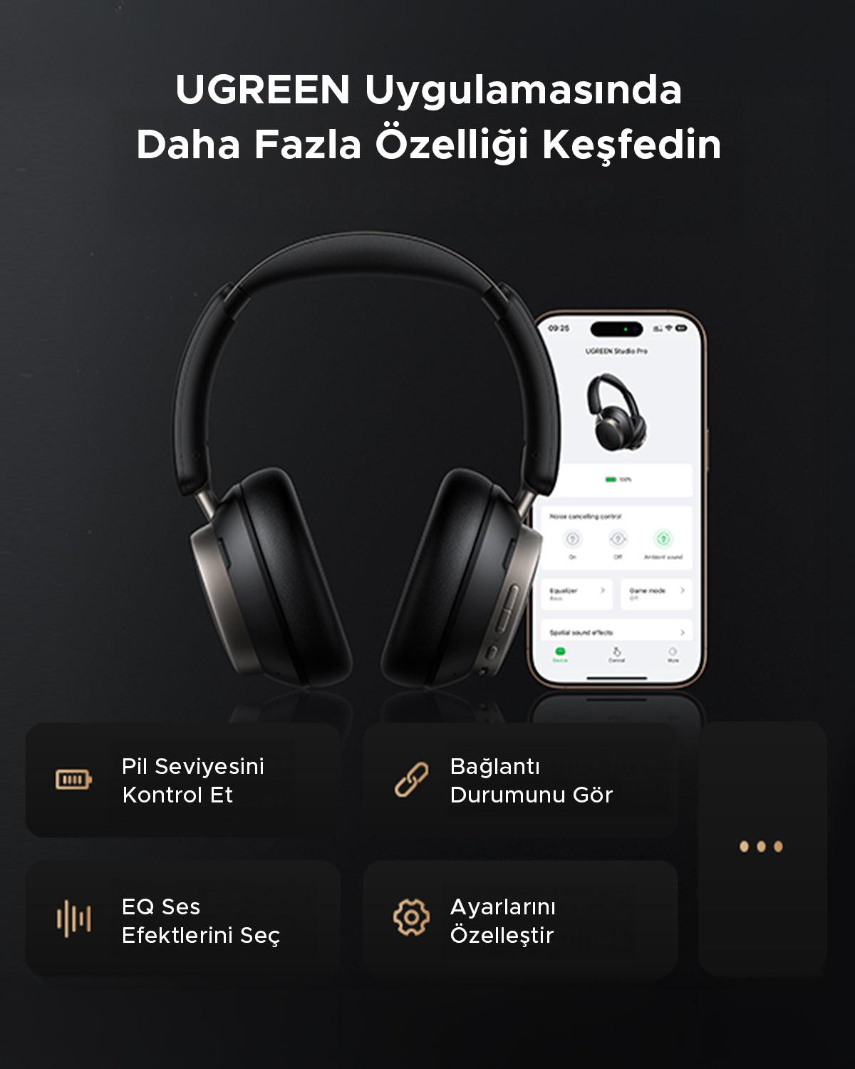 UGREEN Studio Pro Casque à réduction active du bruit hybride Noir — 55687 — vue 4