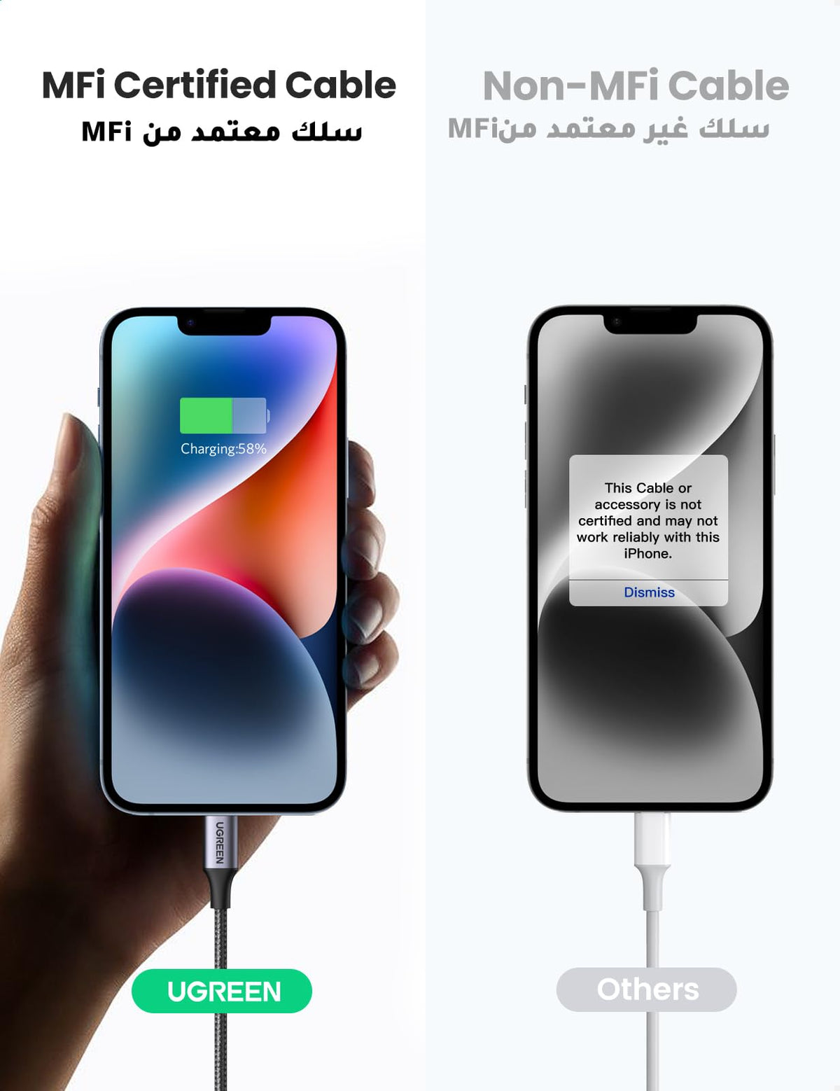 UGREEN USB-C vers Lightning PD à charge rapide 3A max. Noir 1m — 60759 — vue 3