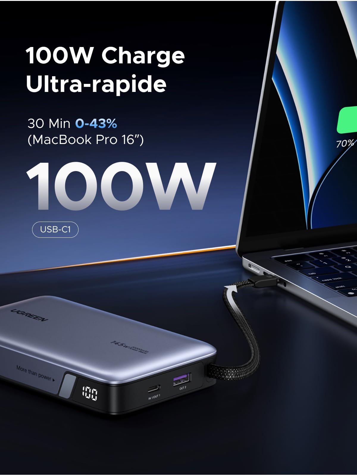 UGREEN 145W Batterie externe avec câble intégré — 55992B — vue 3