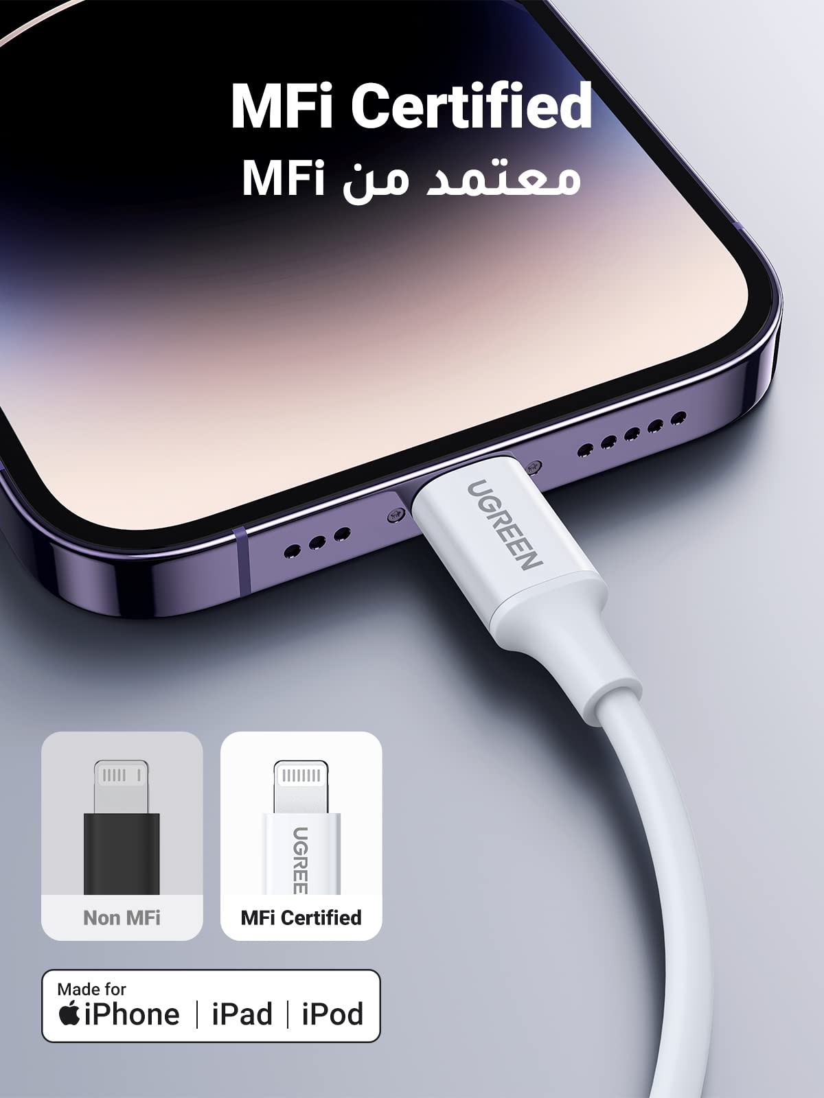 UGREEN USB-C vers Lightning PD à charge rapide 3A max. Blanc 1m — 10493 — vue 3