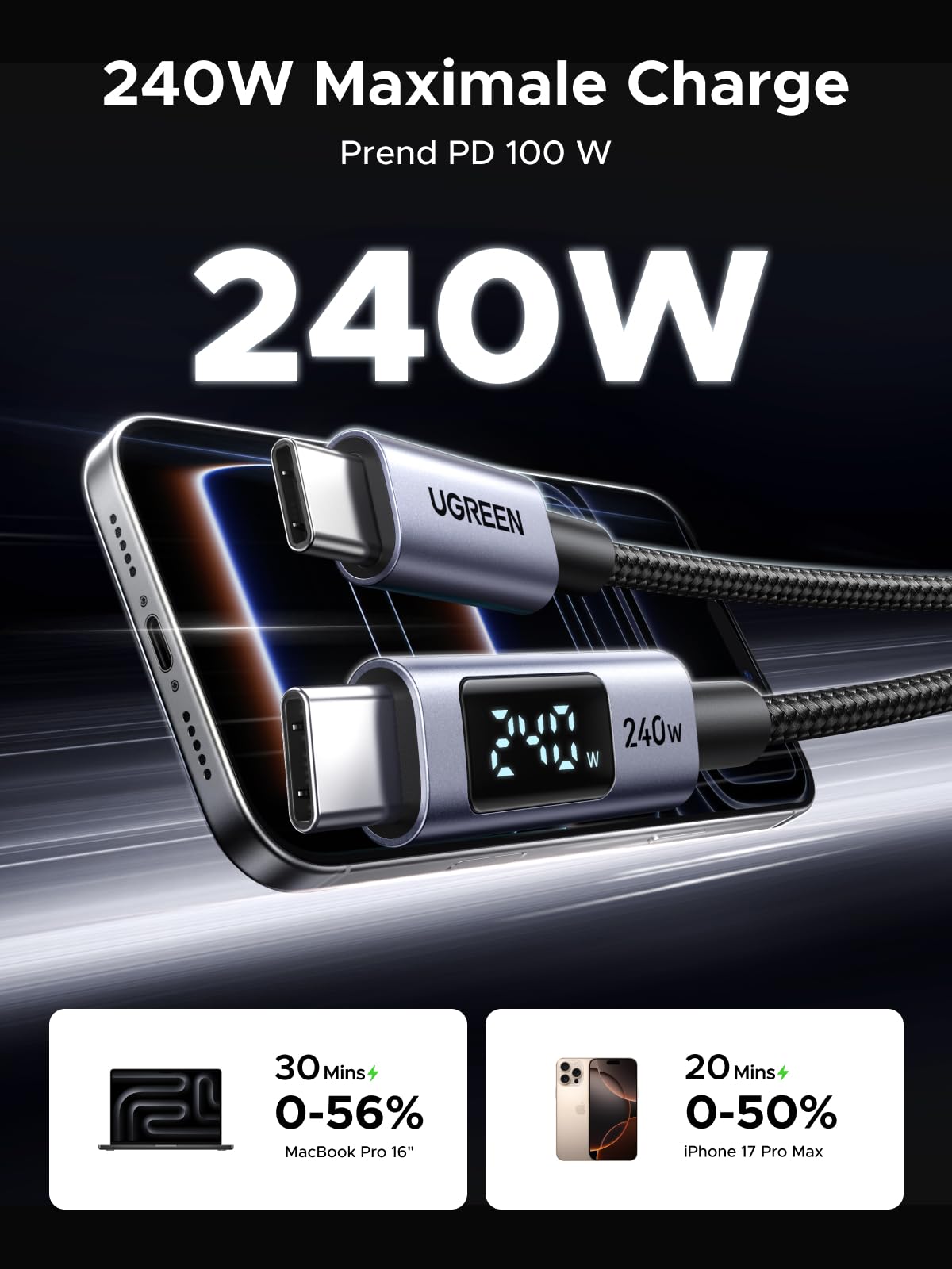 UGREEN USB-C vers USB-C Câble à charge rapide PD 240W max. 1m — 65866 — vue 2