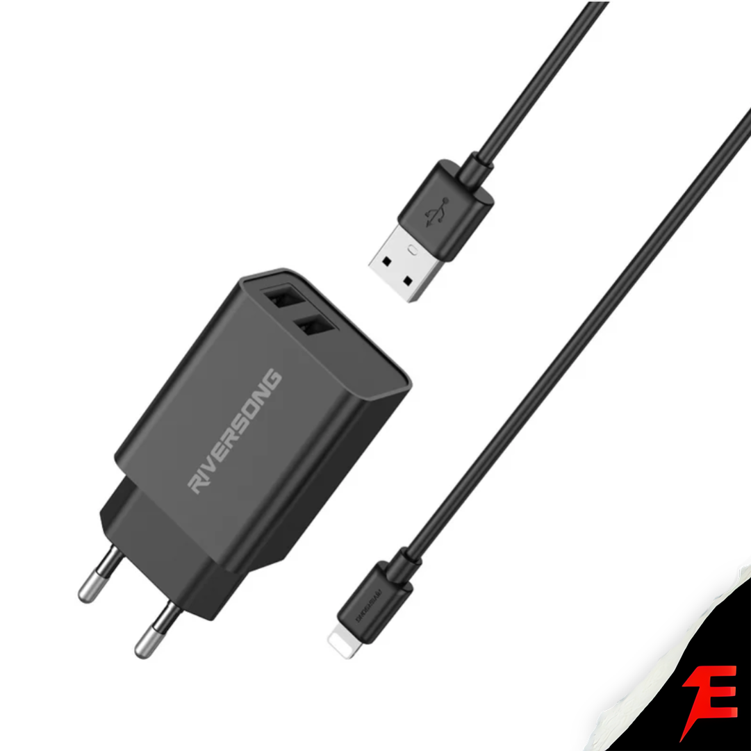 Riversong SafeKub D2 Noir - Chargeur Secteur 2x USB + Câble USB vers USB C