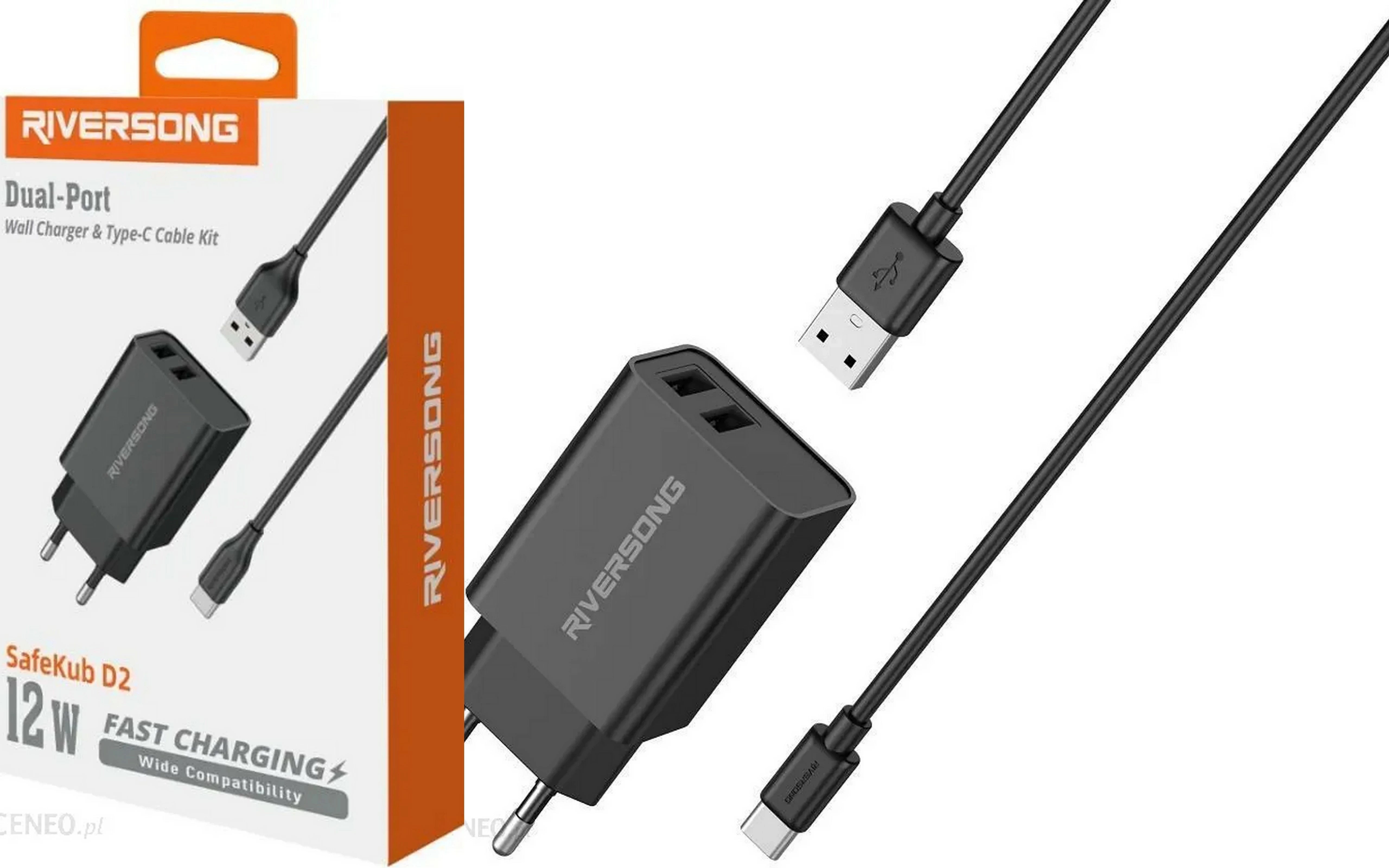 Riversong SafeKub D2 Noir - Chargeur Secteur 2x USB + Câble USB vers USB C