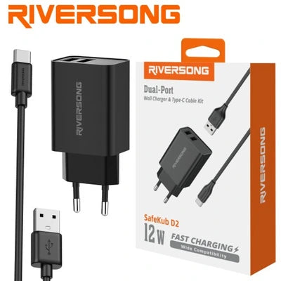 Riversong SafeKub D2 Noir - Chargeur Secteur 2x USB + Câble USB vers USB C