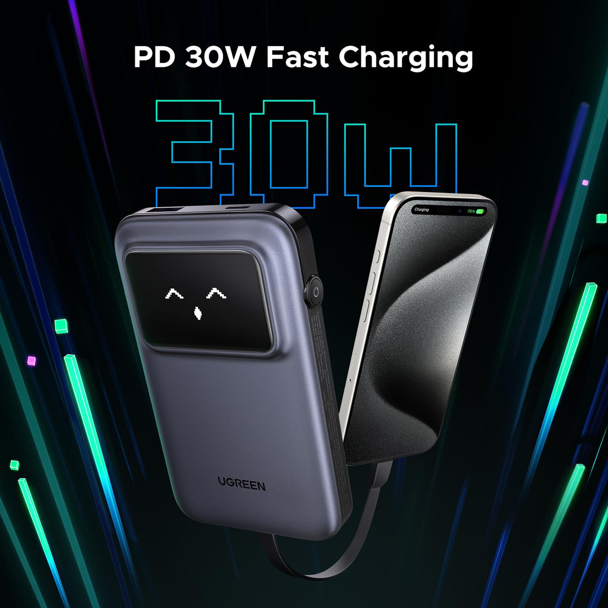 UGREEN 10000mAh Batterie externe avec câble intégré — 35604B — vue 2