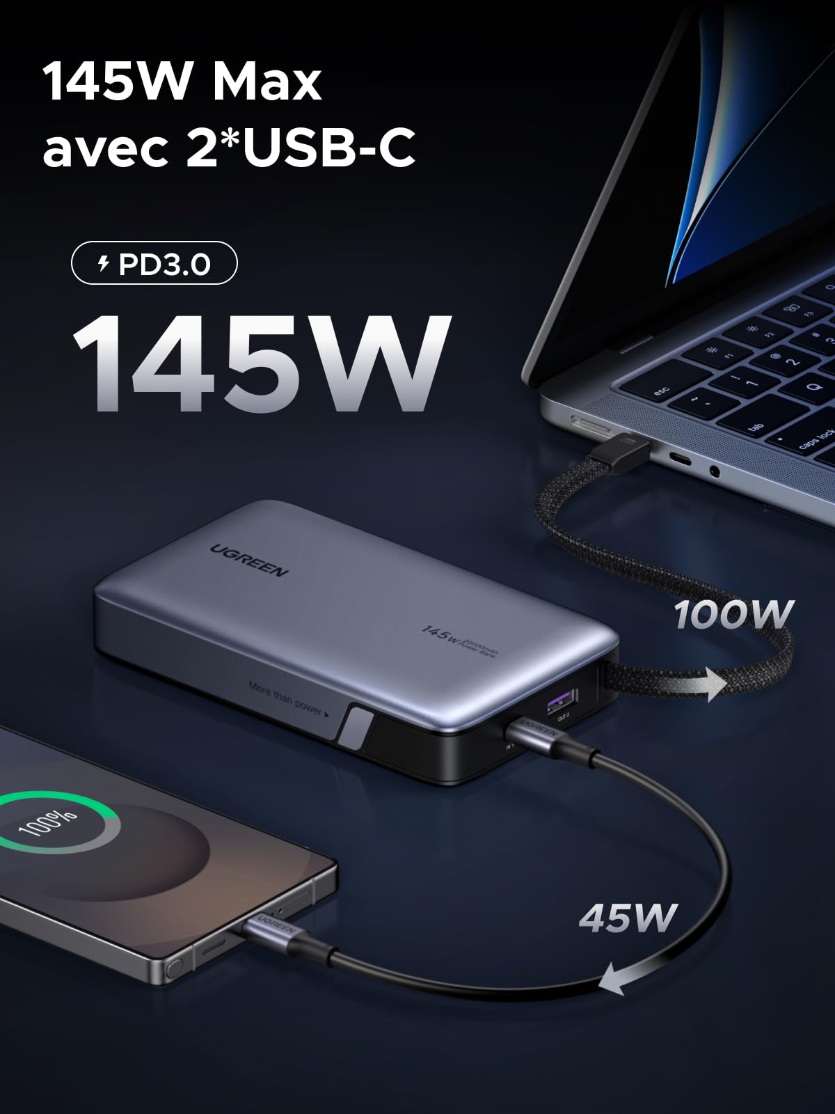 UGREEN 145W Batterie externe avec câble intégré — 55992B — vue 4