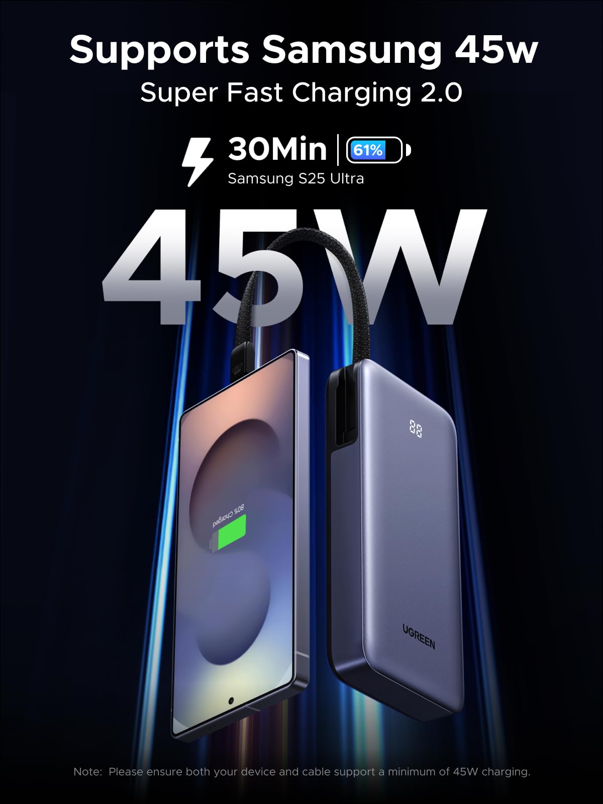 UGREEN 45W Batterie externe avec câble intégré — 55988B — vue 2