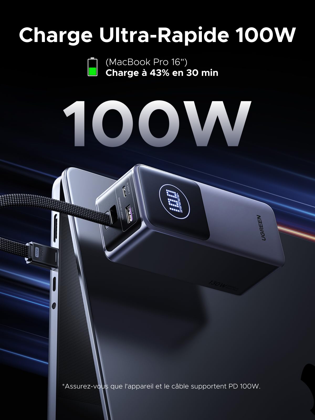 UGREEN 130W Batterie externe avec câble intégré — 55365B — vue 2