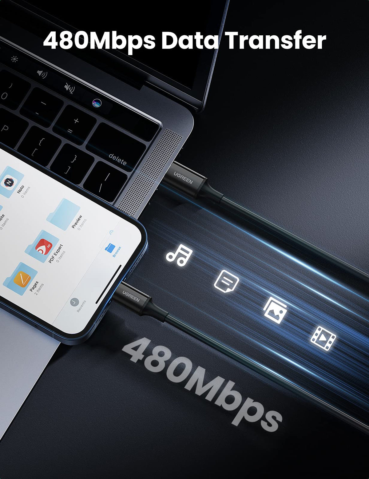 UGREEN USB-C vers Lightning Câble mâle/mâle connecteurs nickelés, coque ABS 1m (Noir) — 60751 — vue 4