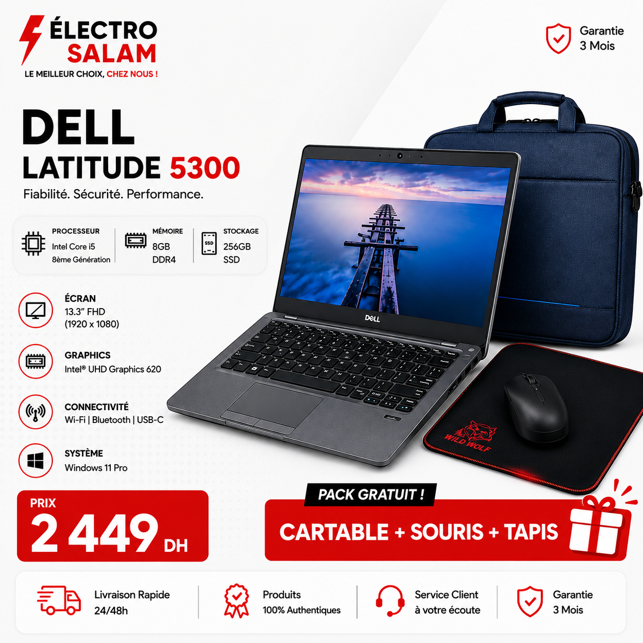 Dell Latitude 5300 i5/8éme (8/256)- Occasion 🎁 PACK GRATUIT : CARTABLE + SOURIS + TAPIS