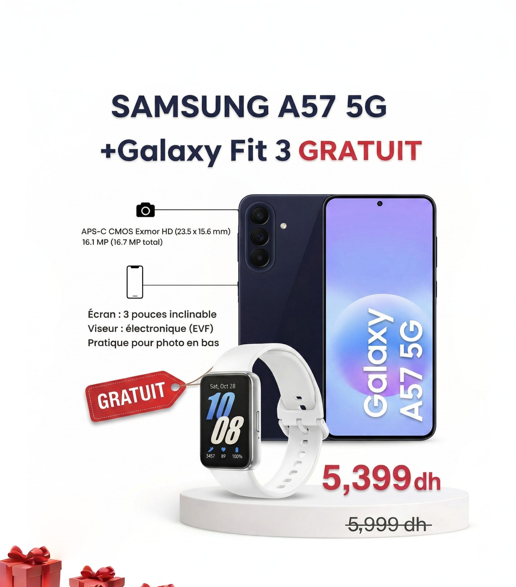 Samsung Galaxy A57 5G  (8/256) (Neuf Boîte fermée) + cadeau gratuit(GALAXY FIT3) ⌚+🎁