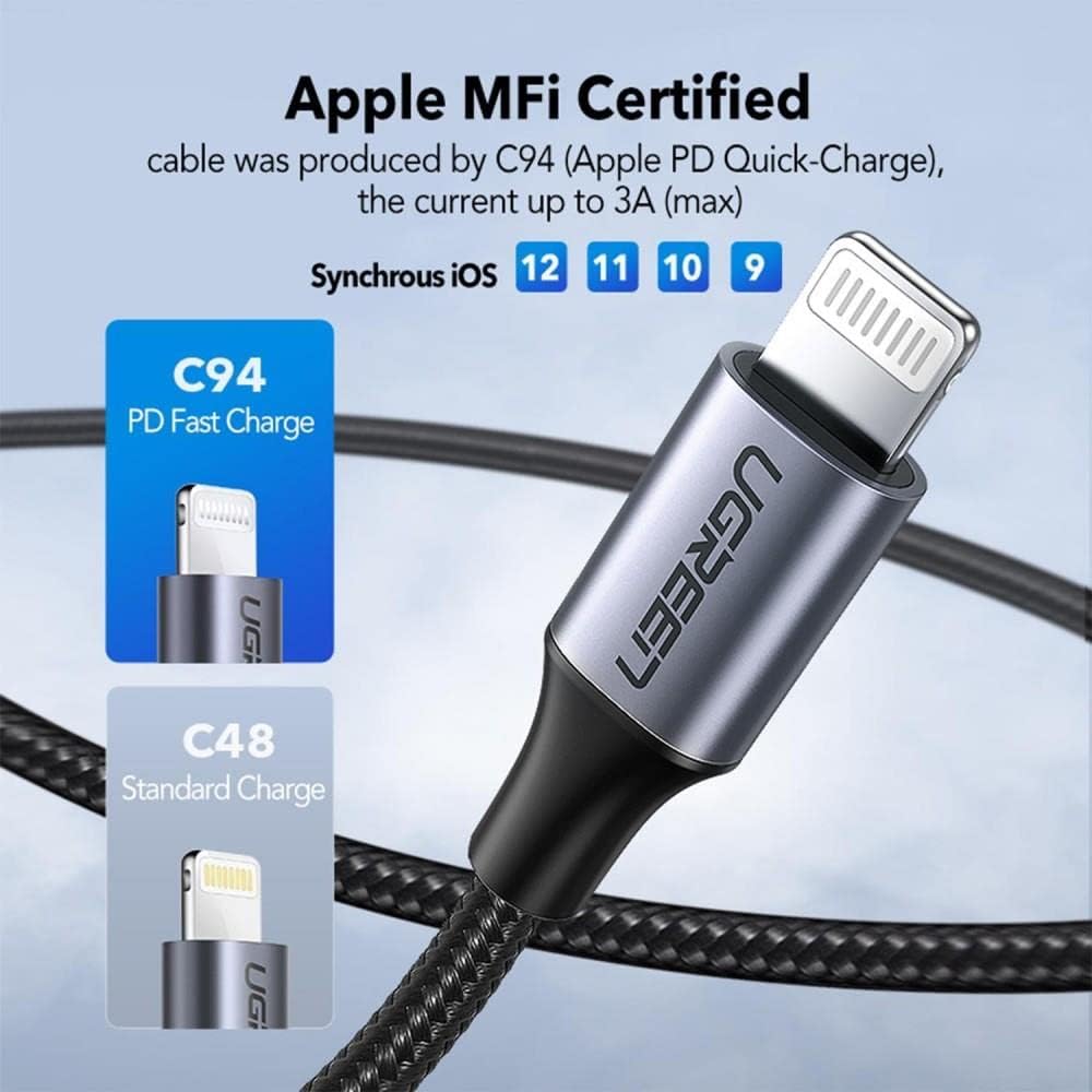 UGREEN USB-C vers Lightning PD à charge rapide 3A max. Argent 1m — 70523 — vue 3