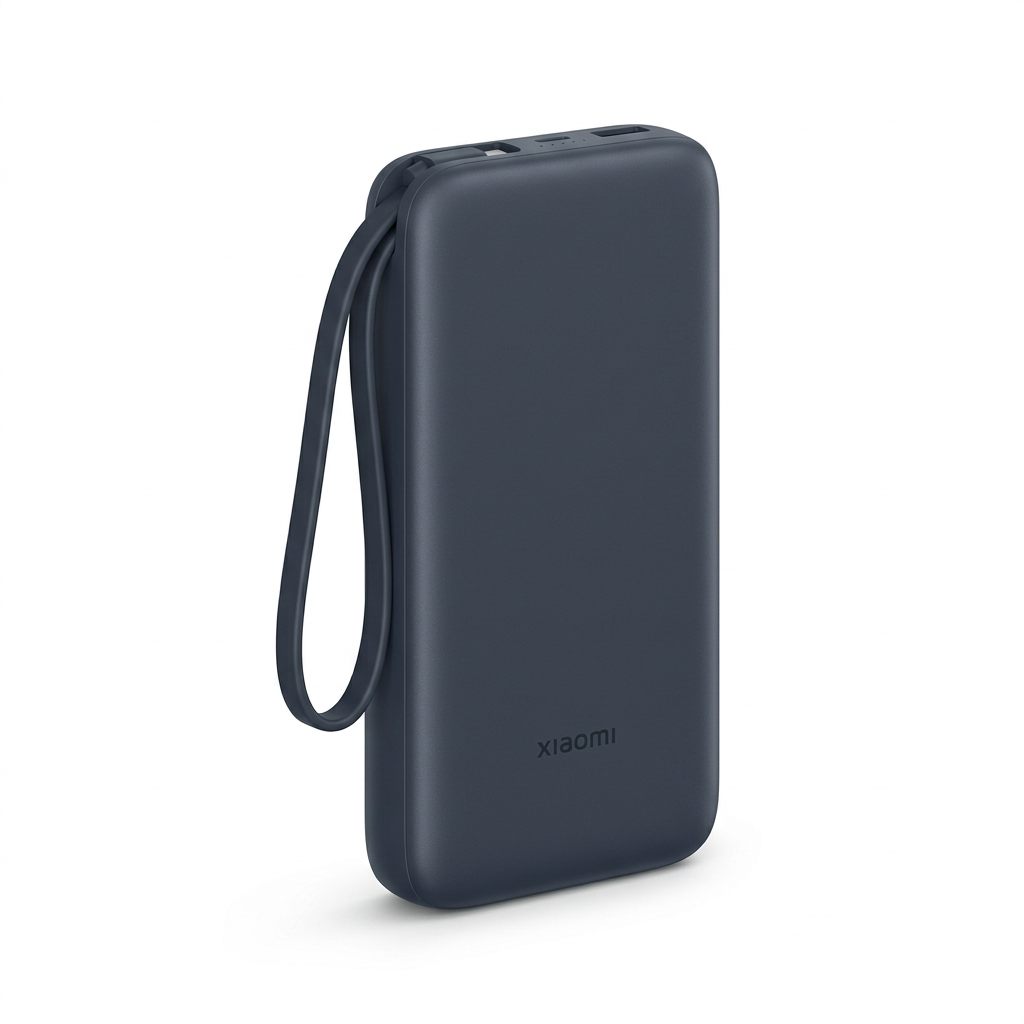 Visuel illustratif de la batterie externe Xiaomi avec câble USB-C intégré sur fond blanc