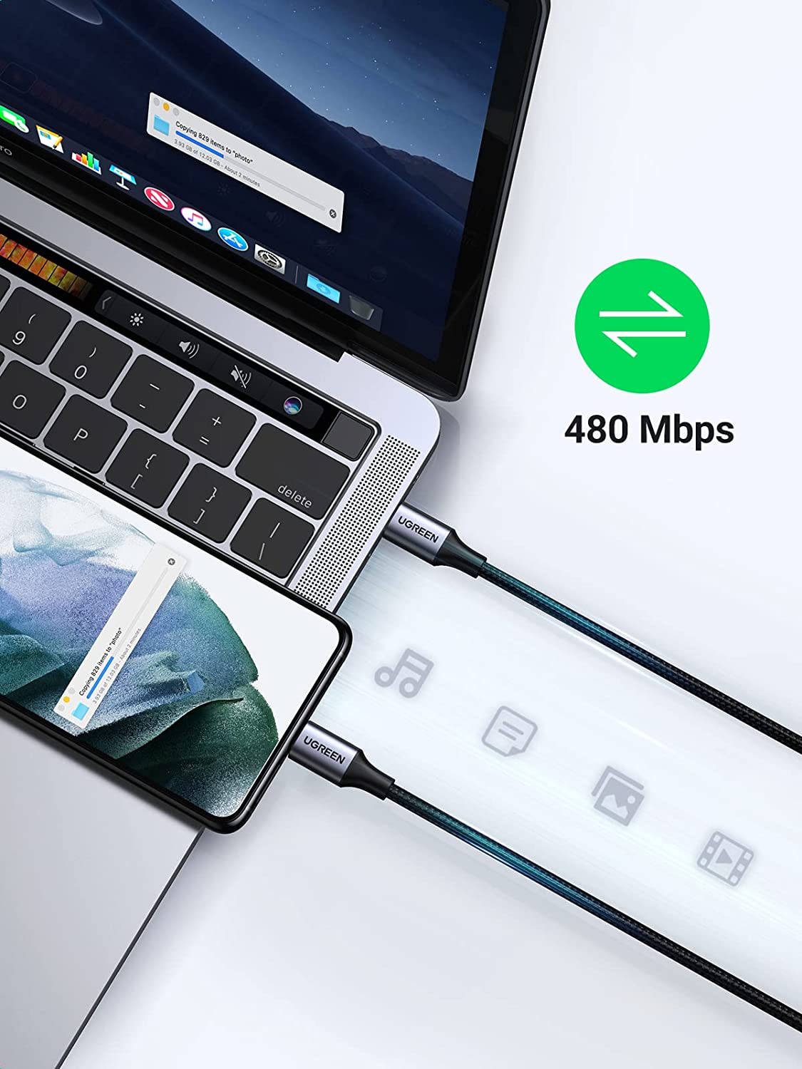 UGREEN USB-C vers USB-C Câble à charge rapide PD 3A max. Gris Noir 1m — 50150 — vue 4