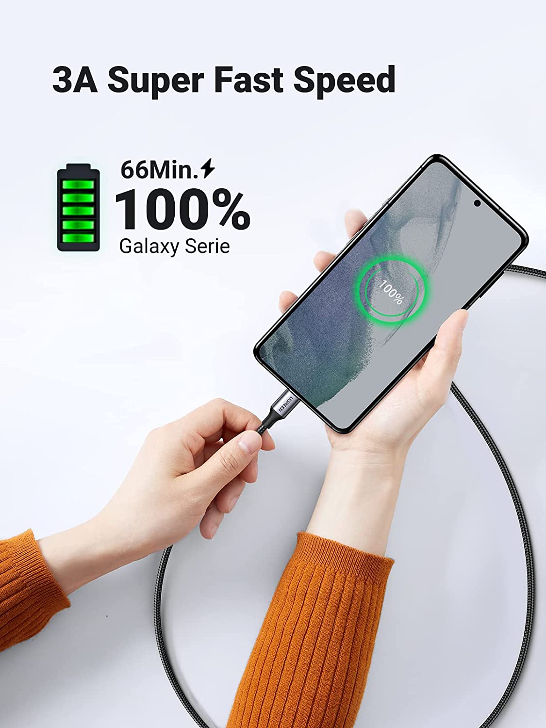 UGREEN USB-C vers USB-C Câble à charge rapide PD 3A max. Gris Noir 1m — 50150 — vue 3
